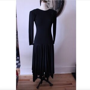 1980's Black Stretch Knit AJ Bari Dress with Rhinestone Neckline